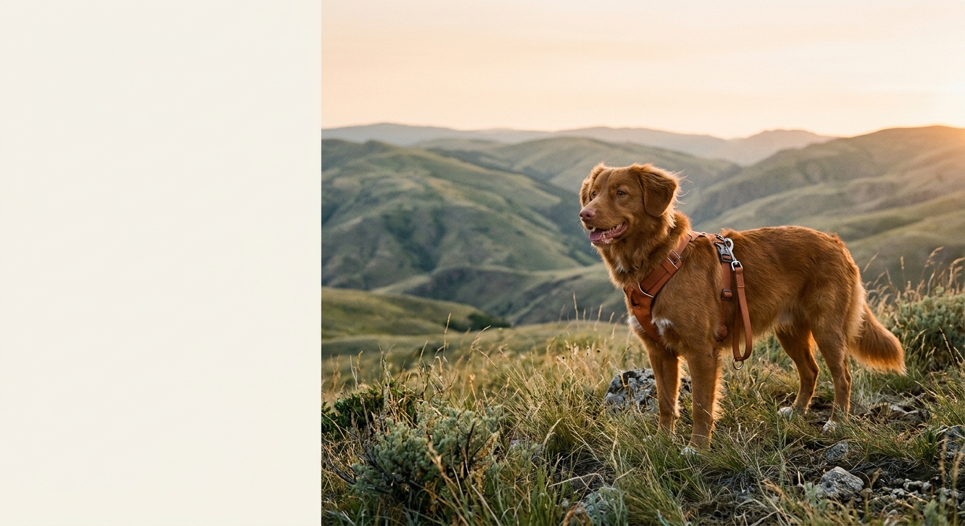 A dog wearing a terracotta harness on a grassy hill